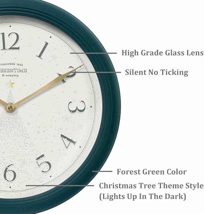 Presentime & Co. 12.6" Luminous Modern Wall Clock, Silent no Ticking, Forest Green Color, Night Light, Lighted Clock with Smart Sensor. Wall Decor for Living Room, Bathroom, Kitchen.