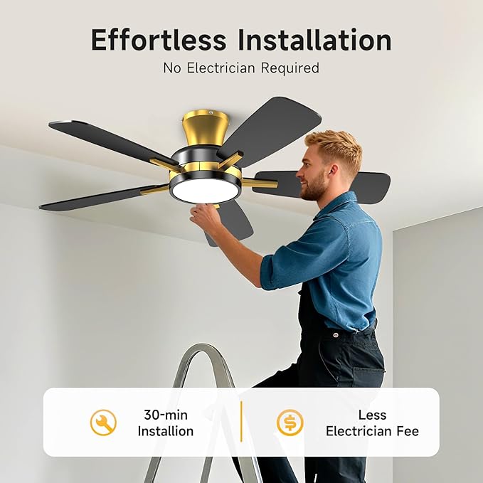 TALOYA Ceiling Fans with Lights and Remote, 46 Inch Low Profile Ceiling Fan with Light, Flush Mount, Reversible, 3CCT, Dimmable Modern Ceiling Fan for Bedroom, Living Room, Outdoor Patio, Black Gold