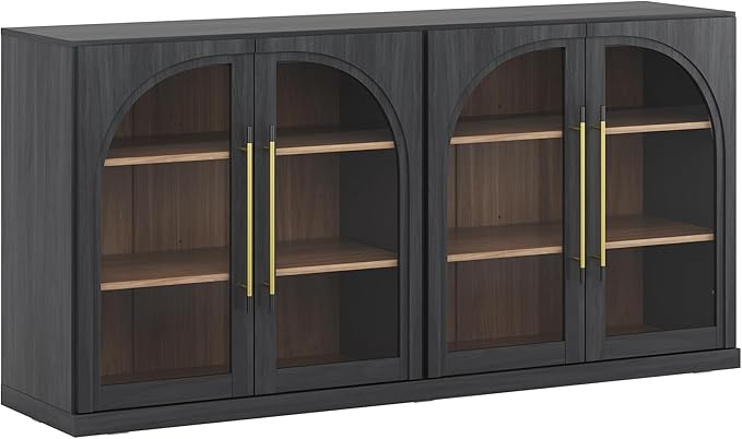 BELLEZE 65" Arched Sideboard with Glass Door, Accent Buffet Cabinet with Storage and Adjustable Shelves, Classic Modern Large Console Table for Dining Room Living Room Entryway (Ebony)