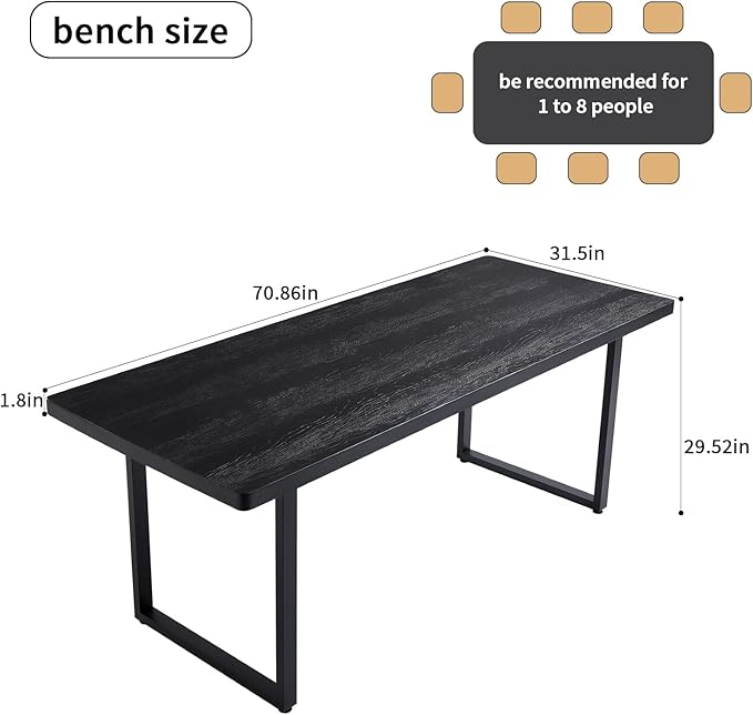 Modern Solid Wood Dining Table with Metal Base Stylish Durable Dining Room Table in Black Multiple Sizes Home Use Office Desk(70.87in)
