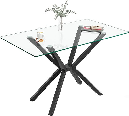 47" Tempered Glass Dining Table for 4, Modern Kitchen Table Rectangle Top, Geometric Metal Leg, for Apartment Dining Room Restaurant (Black)