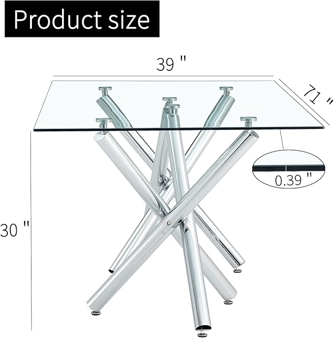 Modern Glass Dining Table for 6-8, Rectangular Glass Kitchen Table with Tempered Glass Tabletop and Silver Chrome Metal Legs for Kitchen Dining Room (Silver2)