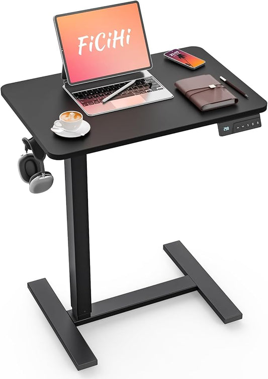 FiCiHi Small Electric Standing Desk - Adjustable Height Bedside Laptop Table with Wheels, Mobile, Portable Rolling Computer Workstation Sit Stand Table for Home Office, Sofa, Couch Use (28x16, Black)