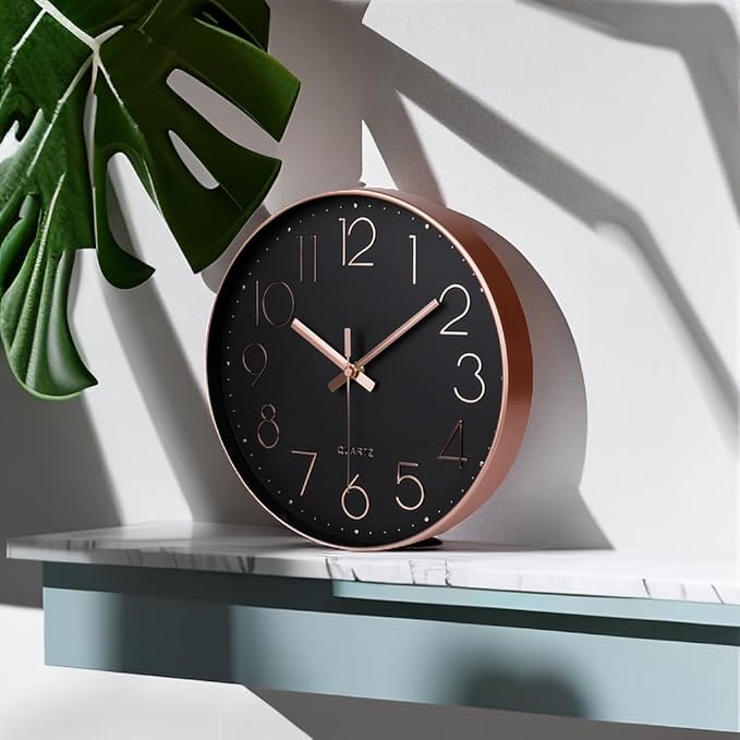 jomparis Rose Gold Black Wall Clock Silent Non-Ticking Quartz Sweep Decorative Battery Operated Wall Clocks