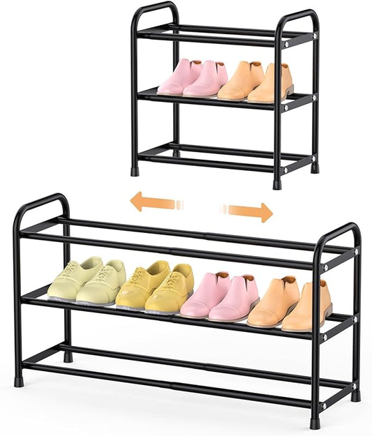3 Tier Expandable Shoe Rack, Adjustable Shoe Shelf Storage Organizer, Black Shoe Organizer for Closet, Free Standing Shoe Rack for Entryway, Closet, Doorway, Garage