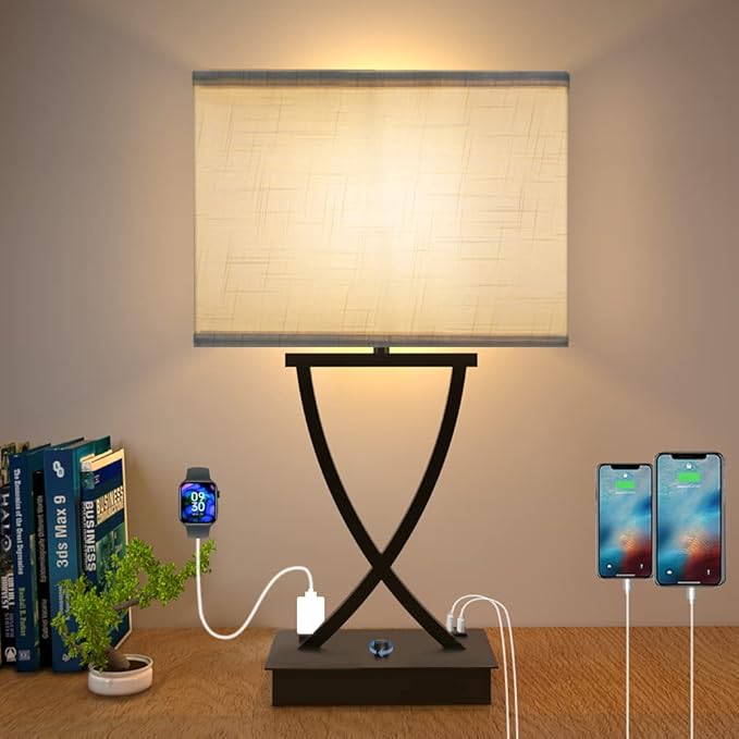 Fully Dimmable Medium Table Lamp for Bedroom with Type C/USB Charging Port and 1 AC Outlet White Shade 21.38" Bedside Nightstand Lamp for Bedroom Living Room Office and Hotel Bulb Included