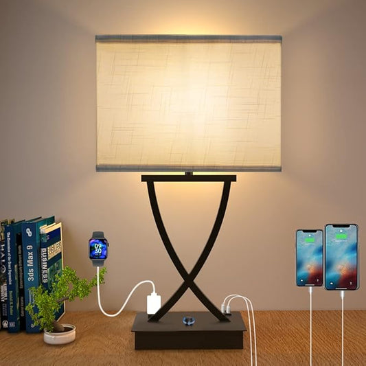 Fully Dimmable Medium Table Lamp for Bedroom with Type C/USB Charging Port and 1 AC Outlet White Shade 21.38" Bedside Nightstand Lamp for Bedroom Living Room Office and Hotel Bulb Included