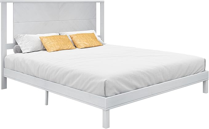 AMERLIFE Solid Wood King Size Bed Frame with Headboard, Mid Century Modern Style Platform Bed with Under-Bed Storage, No Box Spring Needed, Noise Free, Easy Assembly, Antique White