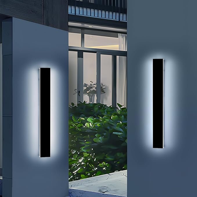 2 Pack 23.6inch Long Outdoor Led Wall Lights, IP65 Waterproof Black Outside Porch Lights, 6000K Cold White, 24W, Modern Exterior Wall Sconces Lighting for Garage, Patio, House, Garden