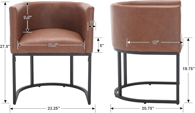 Faux Leather Dining Chairs Set of 4 Modern Barrel Arm Chairs with Black Metal Frame, Upholstered Kitchen Chairs 18.5" Wide Accent Chairs for Living Room Dining Room Restaurant, Brown