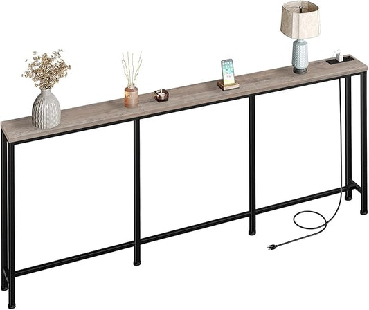 78.7" Narrow Console Table with Power Outlet 7.1" Skinny Sofa Table, Long Behind Couch with Charging Station for Hallway, Living Room Greige and Black TXG20UBG