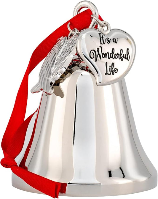 It's a Wonderful Life Inspired Christmas Angel Bell Ornament with Stainless Steel Angel Wing Charm. New Larger Size and Now Comes with 2 Interchangeable Ribbons. (Shiny Silver)