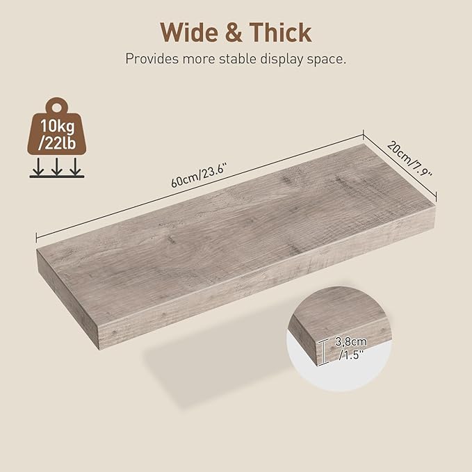 Floating Shelves for Wall, 1.5" Thick Wall Shelf Set of 3 with Invisible Brackets, 23.6L x 7.9W Hanging Book Shelves Farmhouse Home Decor for Bathroom, Living Room, Bedroom, Greige 6301BJP3BG