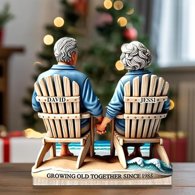 Custom Growing Old Together Christmas Decoration, Personalized Couple Beach Chair Wooden Plaque, Holiday Gift for Parents or Grandparents, Heartfelt Wooden Keepsake for Anniversary Celebration