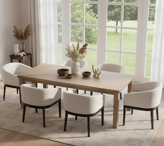 White Mid Century Modern Dining Chairs Set of 6, Farmhouse Boucle Upholstered Accent Curved Backrest Kitchen Chairs Armchairs with Black Wood Legs, White