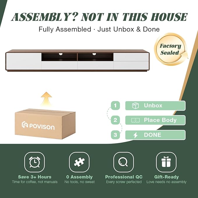 POVISON 94" Modern Wood White TV Stand, Lowline Media Console with 4 Drawers, Open Storage Cabinet, Walnut Veneer Fully-Assembled (TV Stand Only)