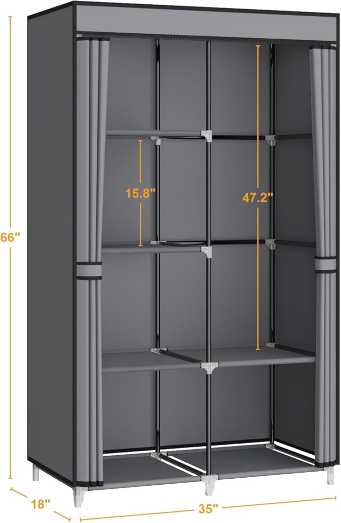 35 Inch Portable Wardrobe Closet for Small Room, Clothing Organizer Storage Rack with Non-Woven Fabric Cover, 1 Clothes Hanging Rod, 6 Storage Shelves, Grey