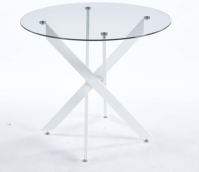36" Round Dining Table for 4, Modern Clear Glass Kitchen Table for 4 with White X Metal Legs, Contemporary Small Circle Dining Room Leisure Tables for Kitchen Apartment