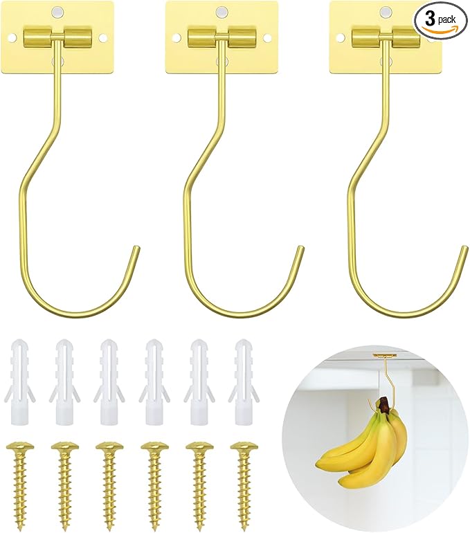Banana Hanger Hook – Space Saving Banana Holder Hanger to Keep Bananas Fresh, Self Adhesive and Screw Banana Hook 3Pack Gold