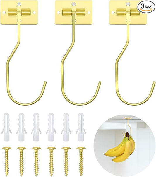 Banana Hanger Hook – Space Saving Banana Holder Hanger to Keep Bananas Fresh, Self Adhesive and Screw Banana Hook 3Pack Gold