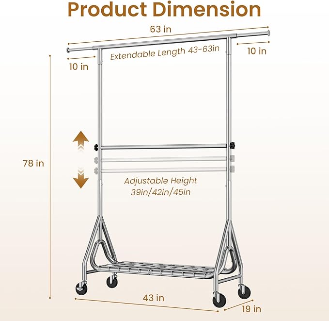 Heavy Duty Clothes Rack for Hanging Clothes, Double Rods Clothing Rack with Lockable Wheels, Rolling Metal Garment Racks Heavy Duty, Portable Wardrobe Closet Racks, Silver
