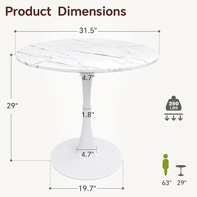 Small Space 31.5 Inch White Faux Marble Round Tulip Dining Table - Mid Century Pedestal Base Kitchen Table for 2-4 People - Easy Assembly & Easy to Clean