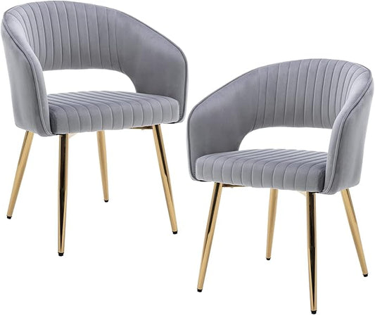 Modern Velvet Dining Chairs Set of 2, Upholstered Gold Dining Room Chairs with Hollow Back and Gold Legs, Accent Armrest Kitchen Chairs for Living Room Reception Grey