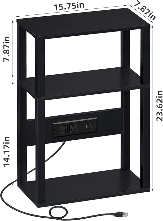 3-Tier Small Narrow Wood Side Table Set of 2 with Charging Station - Skinny Nightstand for Small Spaces, Slim Bedside Table with USB Ports and Outlets - Thin End Table with Storage, Black