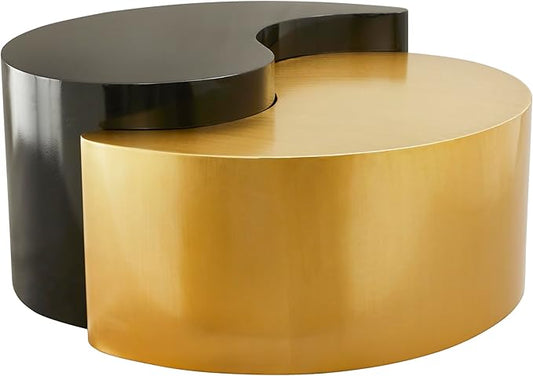 Modern Contemporary Luxury Ying-Yang 36" Coffee Table Set, Sculptural Design with Aluminum Frame for Living Room, Entryway, Home & Office, Black & Gold Dual Tone Coffee Table