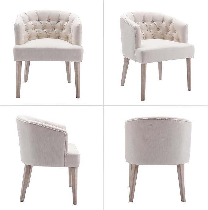 HEAH-YO Modern Dining Chairs Set of 2, Tufted Dining Room Chairs with Barrel Backrests, Upholstered Linen Kitchen Chair for Dining Room, White