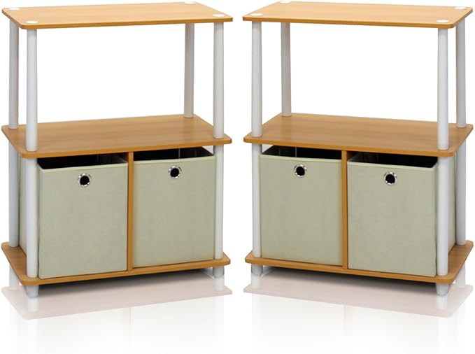 Furinno Go Green 3-Tier 2-Bin Multi-Purpose Storage Shelf (Set of 2), Beech
