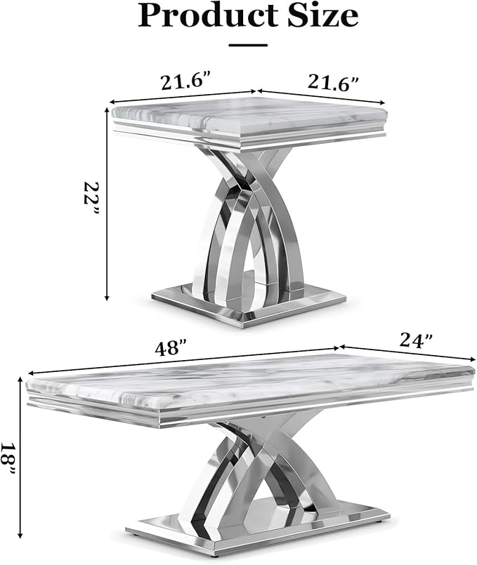 AUZ Silver Coffee Table Set of 2, Living Room Table Set with X- Shape Design Polished Stainless Steel Frame