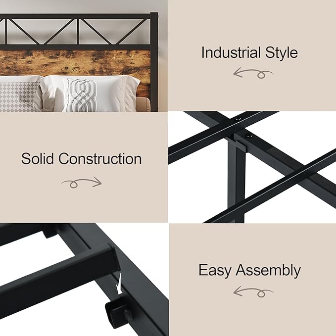King Size Bed Frame, 51.2" Tall Industrial Headboard, King Platform Bed Frame with Strong Steel Slats Support, Noise Free, No Box Spring Needed, Easy Assembly, Rustic Brown