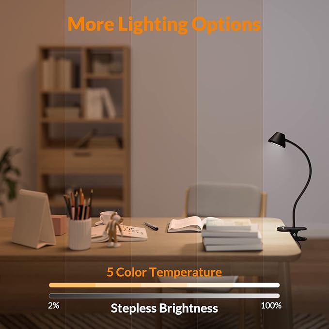 LEPOWER Clip on Light, Dimmable Book Light for Reading in Bed, 300LM Clip on Lamp, 5 Color Temperatures Clamp Light, Night Light Mode, Timer Setting, 2%-100% Brightness, for Bed, Headboard, Black