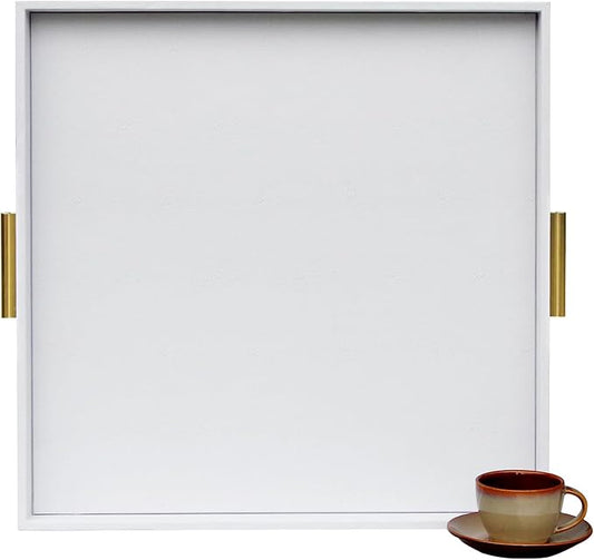 HofferRuffer Extra Large Square Serving Tray, Elegant Faux Leather Ottoman Tray with Gold Hardware Handles, Serve Tea, Coffee or Breakfast in Bed, 24 x 24 inches (White Shagreen)