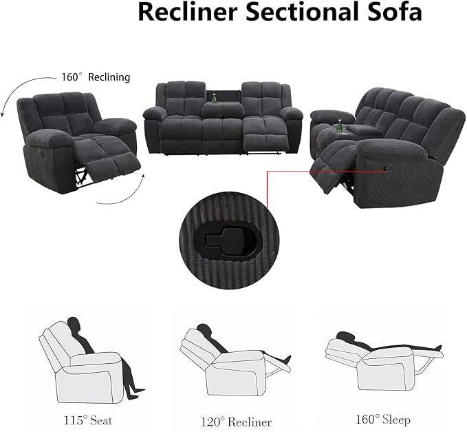 Manual Recliner Sofa Set,Fabric Reclining Couch Set,Modern Living Room Furniture Set,Reclining Sofa Couch Chair for Living Room Home Office (Dark Grey Upgraded Version, 3PCS Set)