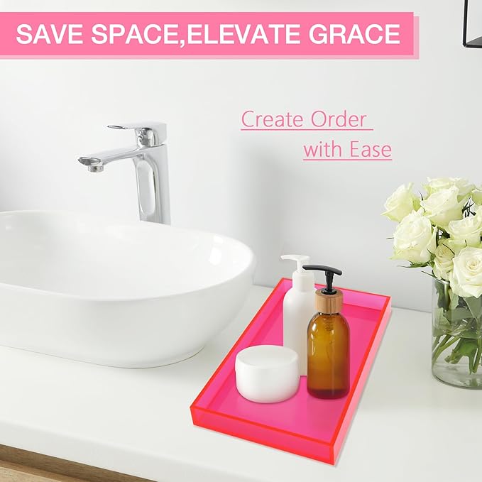 Acrylic Tray 5mm Thicken for Vanity Makeup, Perfume, Jewelry Holder, Napkin, Neon Pink 12x6'' 5Decorative Serving Tray for Bathroom, Toilet Tank, Sink Countertop, Living Room,Dresser, Coffee Table