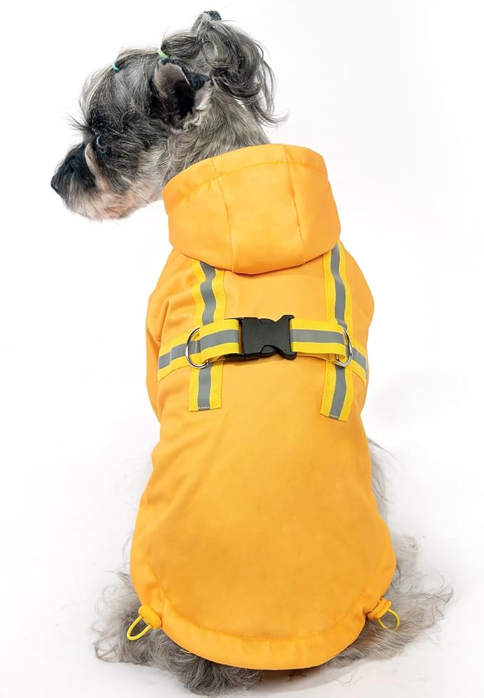 PUPTECK Dog Raincoat with Hood & Harness Built-in, Waterproof Dog Rain Jacket Slicker Poncho Reflective Vest Clothes for Rainy Snowy Winter Cold Days, Yellow L