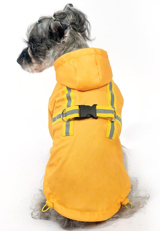 PUPTECK Dog Raincoat with Hood & Harness Built-in, Waterproof Dog Rain Jacket Slicker Poncho Reflective Vest Clothes for Rainy Snowy Winter Cold Days, Yellow XS