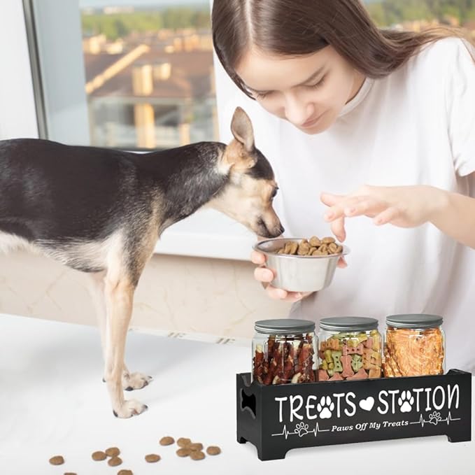 Dog Treat Container,Airtight Dog Food Storage Container with 3 Jars, Farmhouse Wood Dog Treat Jars, Pet Food Storage Containers for Dog, Cat or Small Animals(Black)