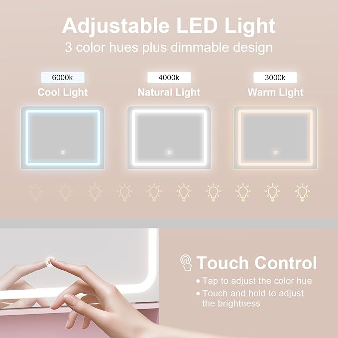 Vanity Desk with Sliding Mirror & Power Outlets - Dimmable LED Lighting, 4 Open Shelves, 2 Drawers, 1Storage Cabinet & Padded Stool - Ideal Bedroom Makeup Dressing Table （Pink）