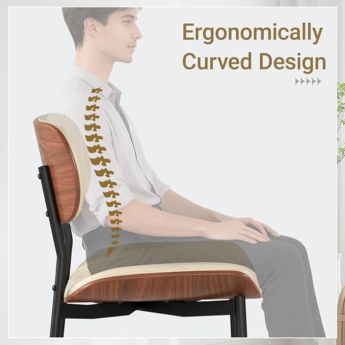 Mid Century Modern Dining Chairs Set of 4,Upholstered Faux Leather Kitchen Chairs with Walnut Bentwood Back and Metal Legs for Kitchen Dining Room Living Room, Beige