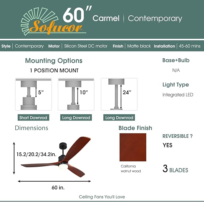 Sofucor 60 inch Ceiling Fan with Lights and Remote, Modern Large LED Ceiling Fan with 3 Walnut Blades and 3 Black Downrods, for Indoor Living Room Bedroom Outdoor Patio Porch, Reversible DC Motor