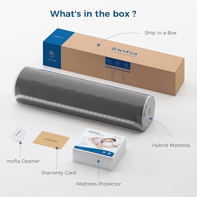 Inofia 12 inch Twin XL Mattress Hybrid with Waterproof Rayon Mattress Protector Included, Medium Firmness Cool Bed for Ultimate Support, Motion Isolation for Any Sleepers, Twin XL Size Mattresses