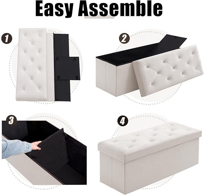 BRIAN & DANY 43 Inches Folding Storage Ottoman Bench, Velvet Ottoman with Storage for Living Room, Long Shoes Bench, Flannelette Footrest Benches Seat (White)