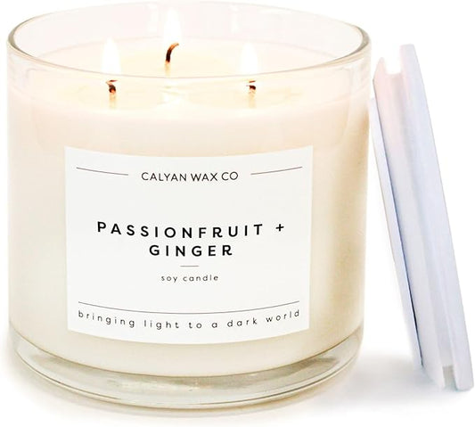 Calyan Wax Co. Passionfruit & Ginger 3 Wick Scented Candle - 43 Hour Burn - Luxury 3 Wick Soy Candles - Non Toxic Soy Wax Candles - Long Lasting Large Glass Jar Candle for Home - 14.9oz