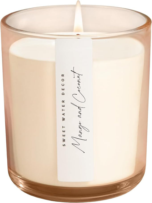 Sweet Water Decor Mango and Coconut Scented Soy Candles – Pineapple, Mango, Orange, Peach, Coconut Milk, Sugar – Fresh Tropical Aroma – 50 Hour Burn – 12oz Tinted Glass Jar for Home Decor