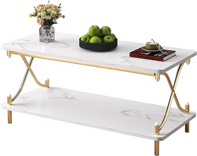VECELO White and Gold Coffee Table with Storage and Open Shelves for Living Dining Room 39-Inch, Modern Rectangle & Industrial Design, X-Shape Frame, Easy Assemble
