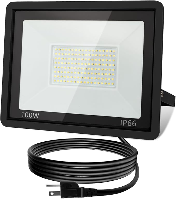 100W LED Flood Light Outdoor, 10000LM Super Bright Floodlight Outside Work Lightwith Plug, 6500K Daylight White LED Flood Light Outdoor, IP66 Waterproof Outdoor Flood Light-1Pack