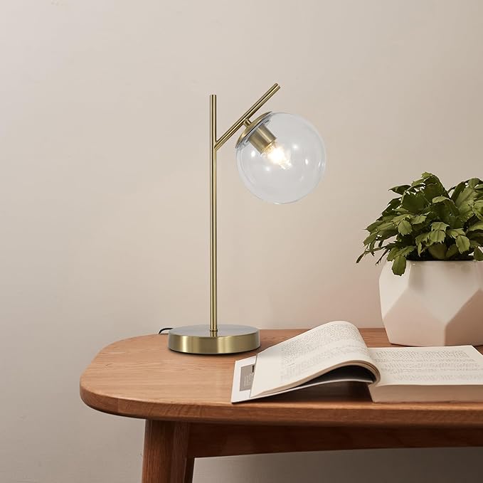 Mid Century Modern Table Lamp, Contemporary Metal Brass Bedside Lamps with Clear Glass lampshade, Gold Globe Nightstand Lamp for Bedroom Living Room Study Room